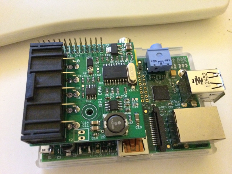 Raspberry Pi CAN Interface Board mounted on a Raspberry Pi Model B